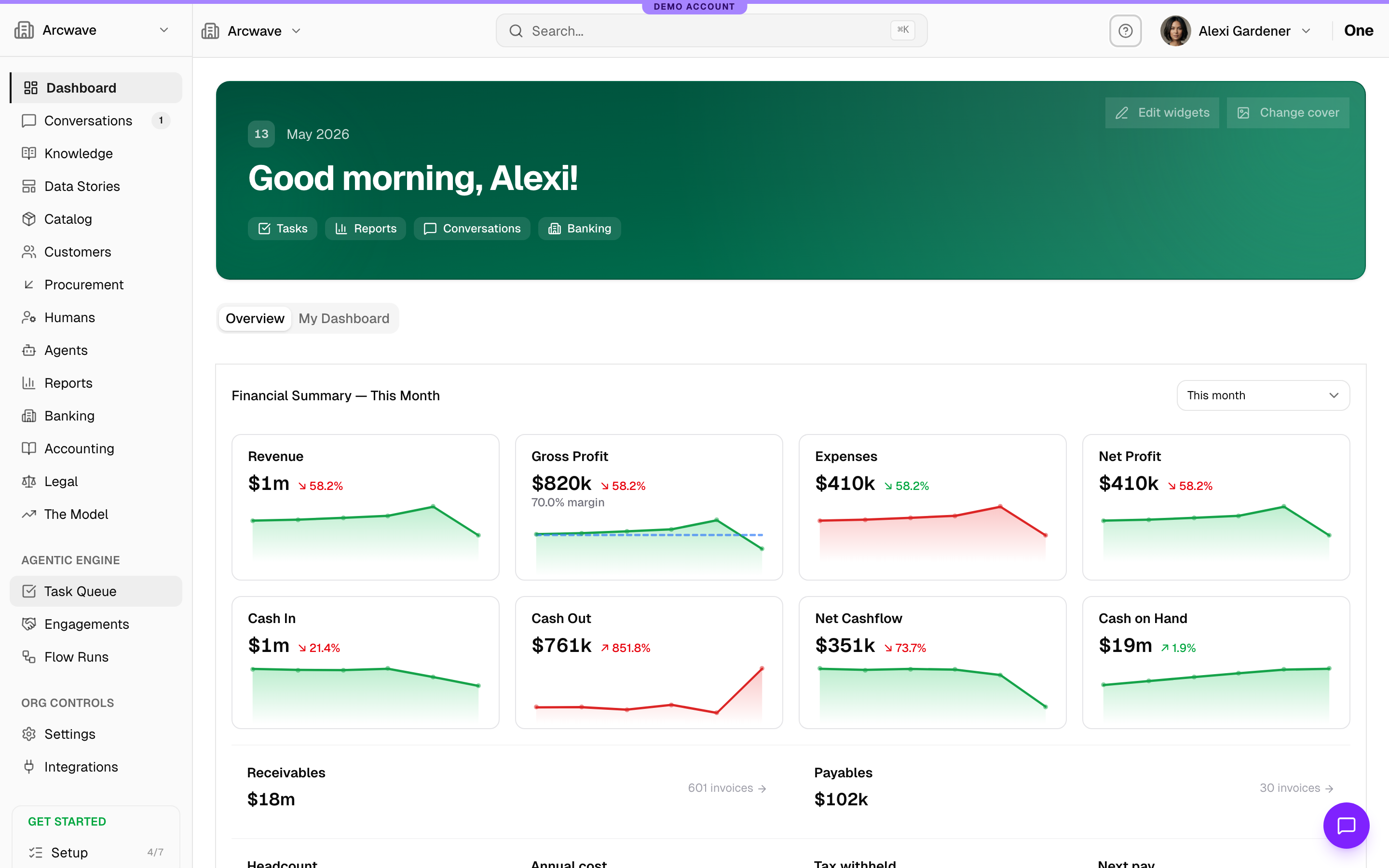 OnePlatform dashboard — your finance function, AI-native.